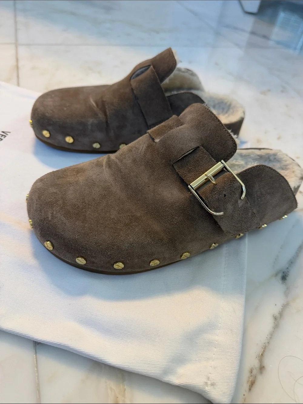 Veronica Beard Brown Suede Shearling Clog with Buckle